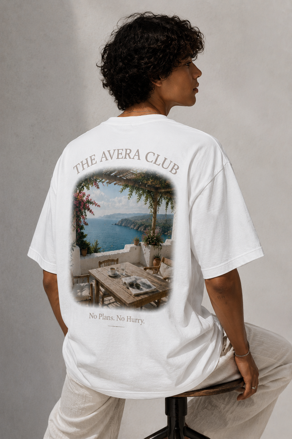 NO PLANS. NO HURRY. – Mediterranean Escape – Oversized Tee